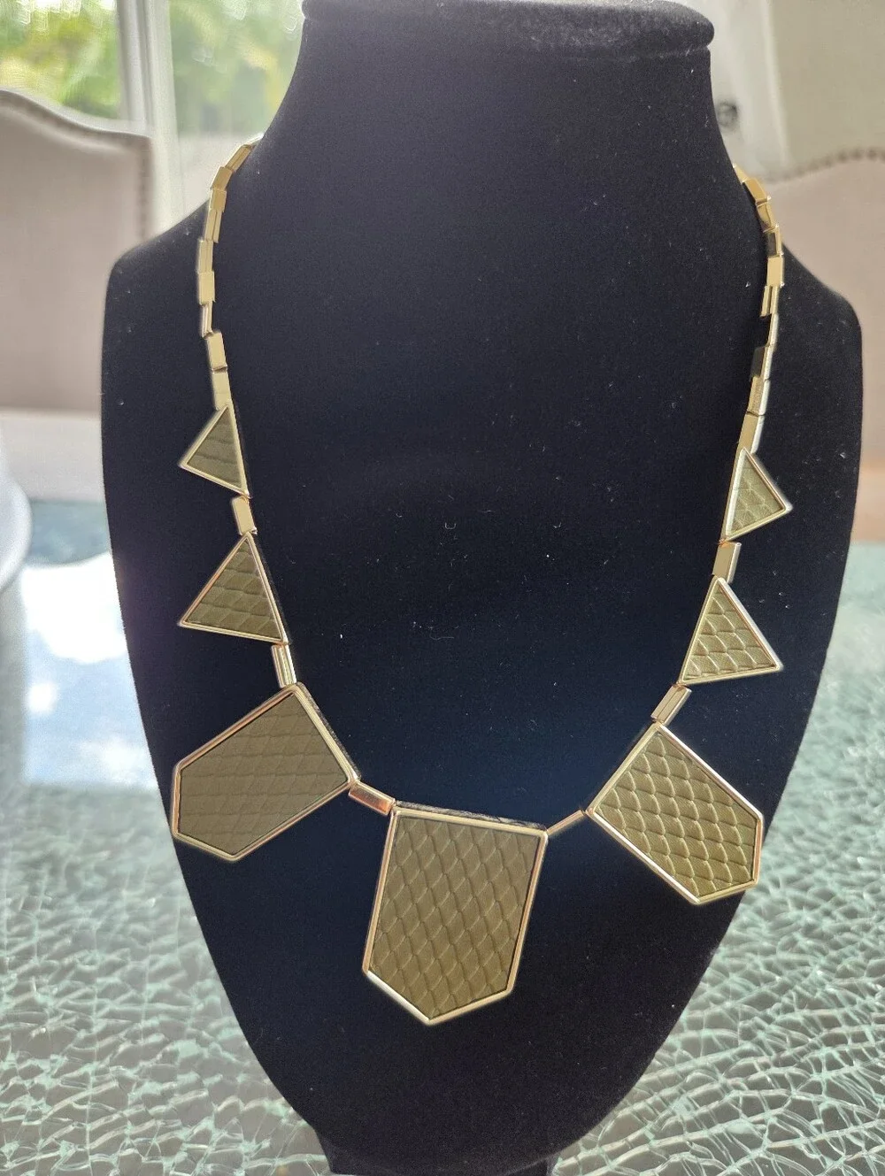 Gold Geometric Statement Necklace With Green Texture Panels - Women Jewelry